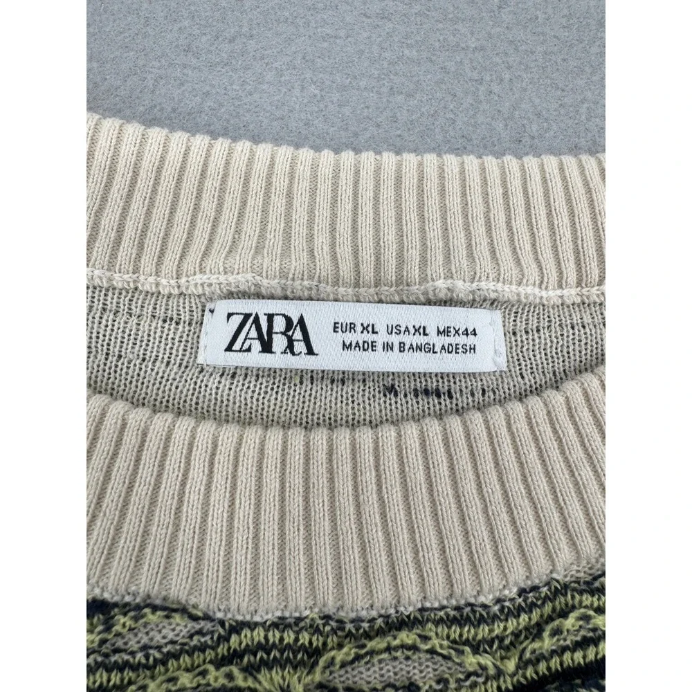 Zara Man Open Knit Striped Sweater Mens XL Green/Black Distressed Mesh Indie